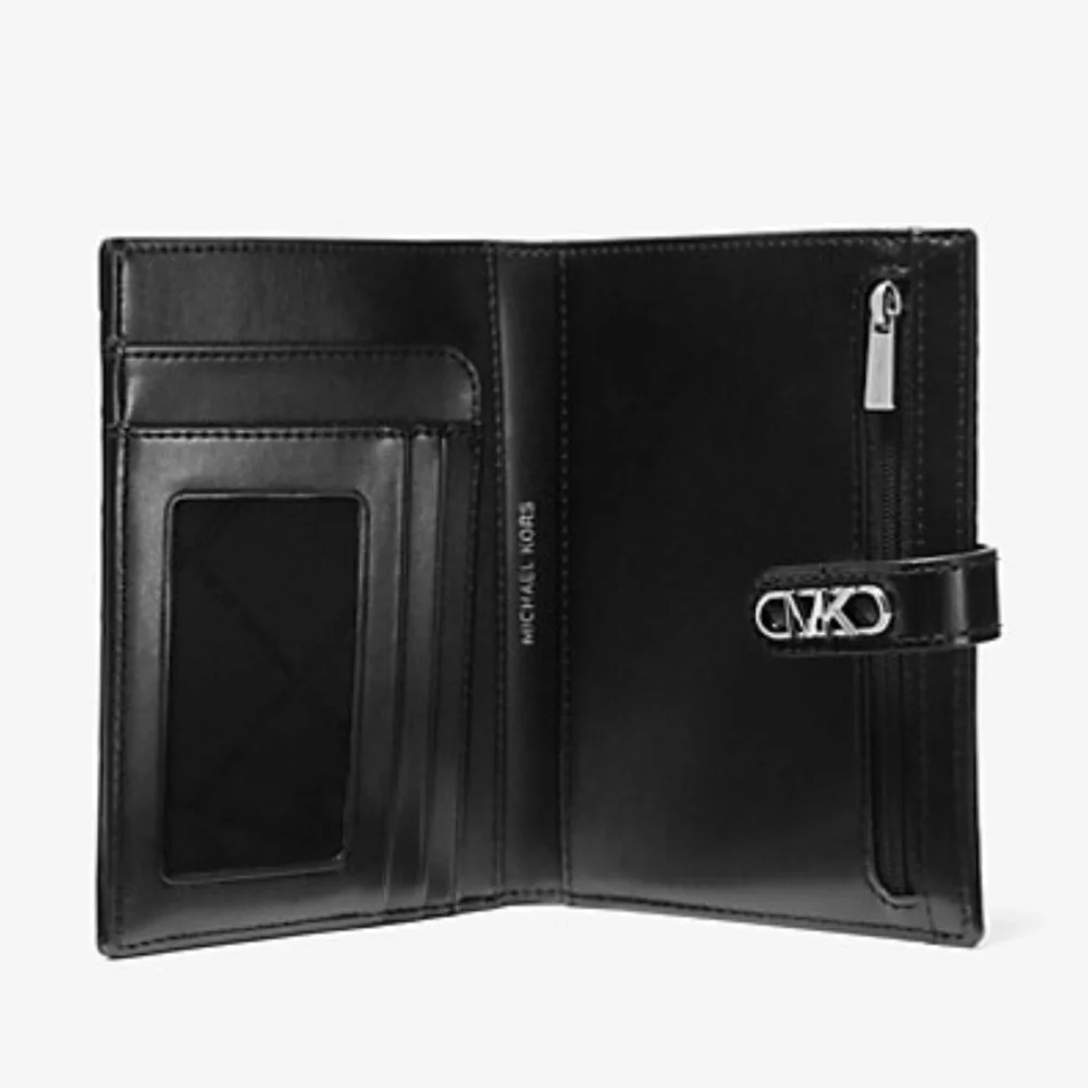 Michael Kors Empire Metallic Crocodile Embossed Leather Passport Wallet Black
